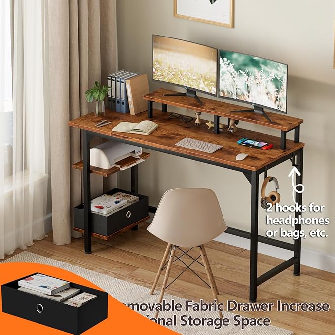 Furologee Computer Desk with Shelves and Fabric Drawer, 47" Home Office Gaming Desk with Monitor Stand, Reversible Study Writing Desk with Hooks, Rustic Brown - LeafyLoom