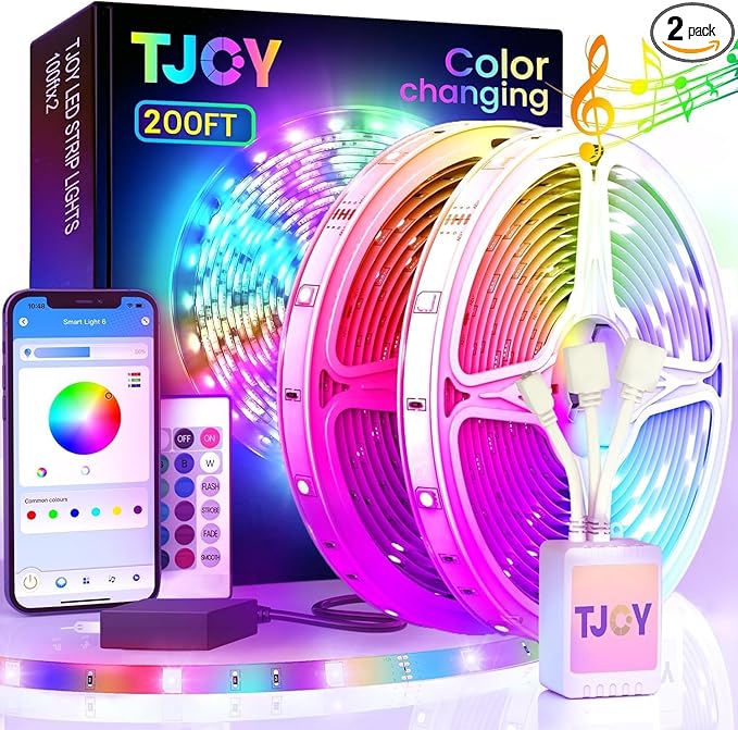 TJOY 200ft Bluetooth LED Strip Lights, Long Strip Lighting Music Sync, RGB Color Changing LED Lights for Bedroom with Remote,Smart Phone APP Control, Ceiling Living Room Decor (APP+Remote+Mic/2 Roll) TJOY