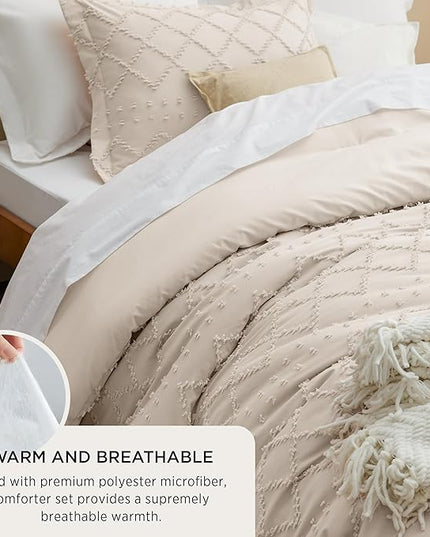 Bedsure King Size Comforter Set - Beige Comforter, Boho Tufted Shabby Chic Bedding Comforter Set, 3 Pieces Vintage Farmhouse Bed Set for All Seasons, Fluffy Soft Bedding Set with 2 Pillow Shams - LeafyLoom