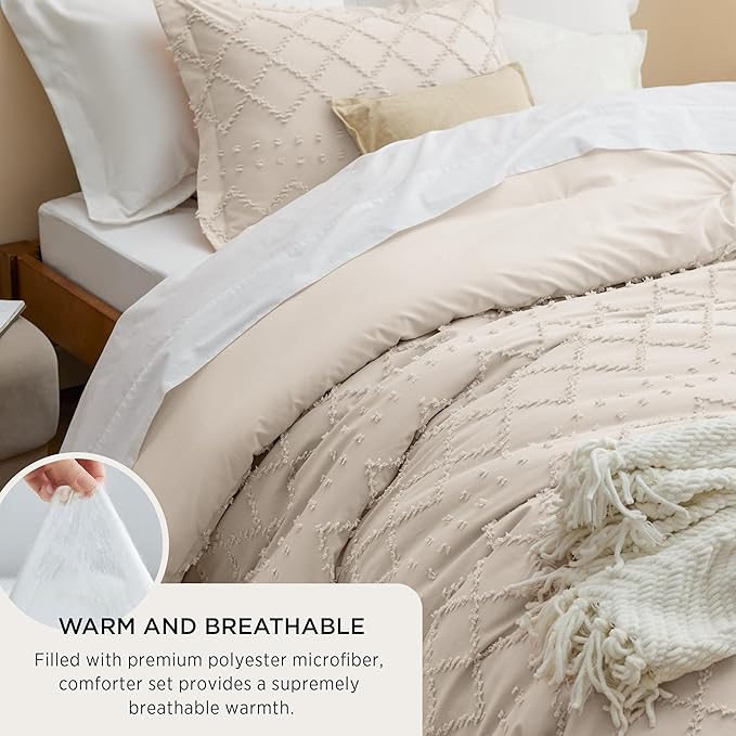 Bedsure King Size Comforter Set - Beige Comforter, Boho Tufted Shabby Chic Bedding Comforter Set, 3 Pieces Vintage Farmhouse Bed Set for All Seasons, Fluffy Soft Bedding Set with 2 Pillow Shams - LeafyLoom