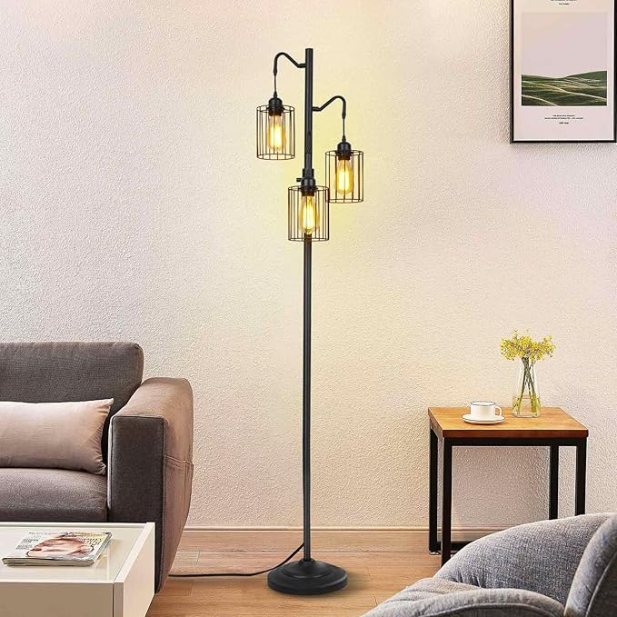 Floor lamp, 69 inch 3-Light Dimmable Farmhouse Floor Lamps for Living Room with 3 Free LED Edison Bulbs, Modern Industrial Vintage Corner Tall Tree Standing Floor Lamp for Bedroom Office - LeafyLoom