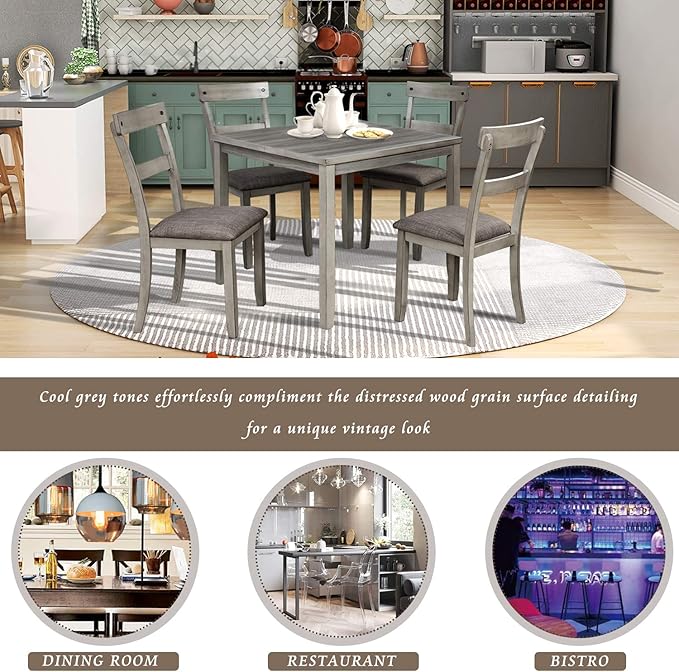 5 Piece Set Industrial Wooden Kitchen Table and 4 Chairs for Dining Room, Grey, Gray - LeafyLoom