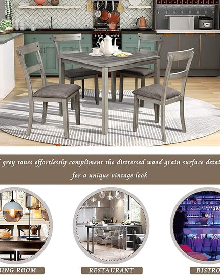 RITSU 5 piece set industrial wooden table and 4 chairs, high density foam linen upholstery, suitable for dining, living room, kitchen and various small spaces, gray - LeafyLoom