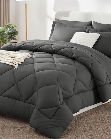 CozyLux Twin Bed in a Bag Comforter Set with Sheets 5-Pieces for Girls and Boys Dark Grey All Season Bedding Sets with Comforter, Pillow Sham, Flat Sheet, Fitted Sheet and Pillowcase - LeafyLoom