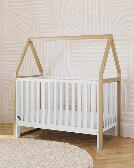 Storkcraft Orchard 5-in-1 Convertible Crib (White with Driftwood) – GREENGUARD Gold Certified, Canopy Style Baby Crib, Converts from Crib to Toddler Bed, Daybed and Full-Size Bed - LeafyLoom