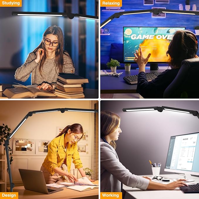 LED Desk Lamp with Clip, Multi-Angle Flexible 4-Segment 3-Light Source Office Desk Lamp, Clip-on Eye-Care 4 Color Temperature Modes&5 Brightness, Table Lamp for Home Office Studio Study Nail - LeafyLoom