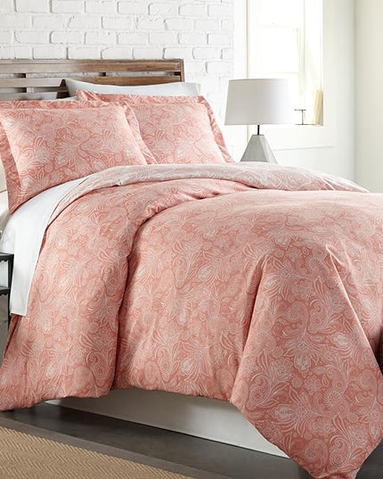 Southshore Fine Living, Inc. Oversized Full/Queen Comforter Set, Down Alternative Paisley Bedspread, Reversible Print is 2 Colors in 1, Queen/Full Comforter & Matching Shams, Coral/White - LeafyLoom