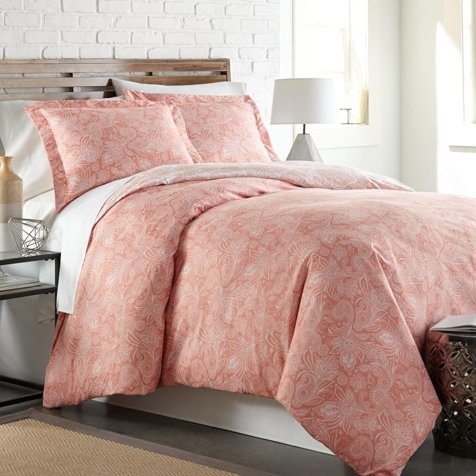 Southshore Fine Living, Inc. Oversized Full/Queen Comforter Set, Down Alternative Paisley Bedspread, Reversible Print is 2 Colors in 1, Queen/Full Comforter & Matching Shams, Coral/White - LeafyLoom