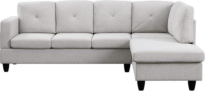 LOVMOR Living Room Reversible Sectional Sofa with Dropdown Armrest, Cupholder, Ottoman and Storage Chaise, Linen Couch for Home Furniture, Apartment, Dorm, Santiago Light Gray, 96 Inch - LeafyLoom