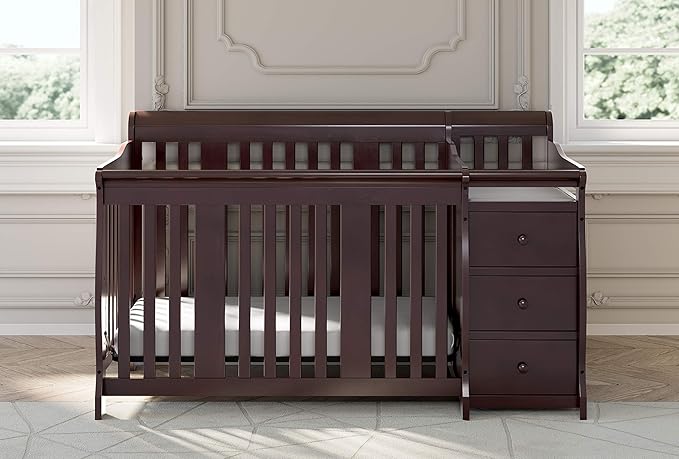 Storkcraft Portofino 5-in-1 Convertible Crib and Changer (Espresso) – Crib and Changing -Table Combo with 3 Drawers, Includes Baby Changing Pad, Converts to Full-Size Bed - LeafyLoom