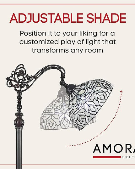 Amora Tiffany Floor Lamp - Arched, Stained Glass 62” with Foot Switch Operation and Adjustable Lamp Shade - Custom Handcrafted Floor Lamps for Living Room in White Mahogany Traditional Peacock - LeafyLoom