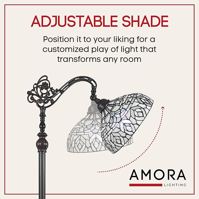 Amora Tiffany Floor Lamp - Arched, Stained Glass 62” with Foot Switch Operation and Adjustable Lamp Shade - Custom Handcrafted Floor Lamps for Living Room in White Mahogany Traditional Peacock - LeafyLoom