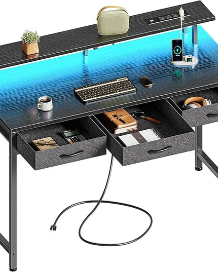 47 inch Computer Desk with 3 Drawers, Office Desk Gaming Desk with LED Lights & Power Outlets, Home Office Desks with Storage Space for Bedroom, Work from Home, Black - LeafyLoom