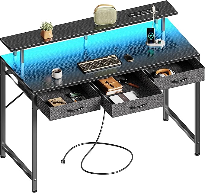 47 inch Computer Desk with 3 Drawers, Office Desk Gaming Desk with LED Lights & Power Outlets, Home Office Desks with Storage Space for Bedroom, Work from Home, Black - LeafyLoom