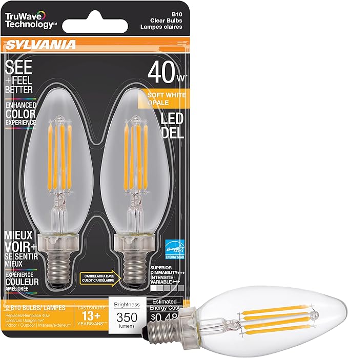 Simple Designs LT2073-GDW Mini Hammered Texture Gold Drip Table Lamp with White Shade & Sylvania LED TruWave Natural Series Décor B10 Chandelier Light Bulb, 40W Equivalent Efficient 4W - LeafyLoom