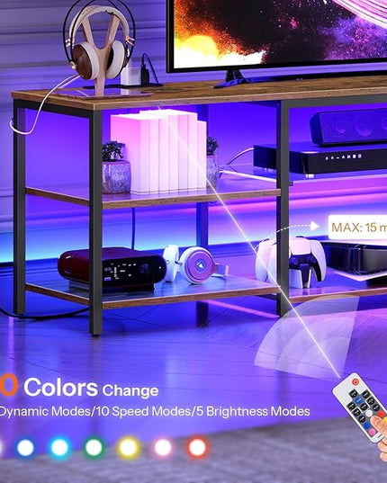 HOOBRO LED TV Stand for 75 Inch TVs with Charging Station, Gaming Entertainment Center with Open Storage, Media TV Console Table, TV Stand for Living Room, Bedroom, Rustic Brown and Black BF21UDDS01 - LeafyLoom