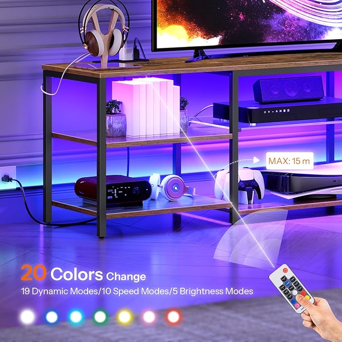 HOOBRO LED TV Stand for 75 Inch TVs with Charging Station, Gaming Entertainment Center with Open Storage, Media TV Console Table, TV Stand for Living Room, Bedroom, Rustic Brown and Black BF21UDDS01 - LeafyLoom
