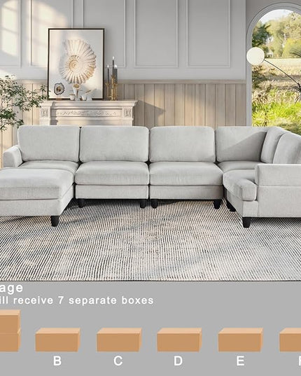 129.5" Modular Sectional Couch with Ottoman,6 Seat Chenille Corner Sofa with Seat Cushions Have a Built-in sSpring Pack,Multi-layered Plywood,for Living Room, Apartment, Bedroom, Office - LeafyLoom