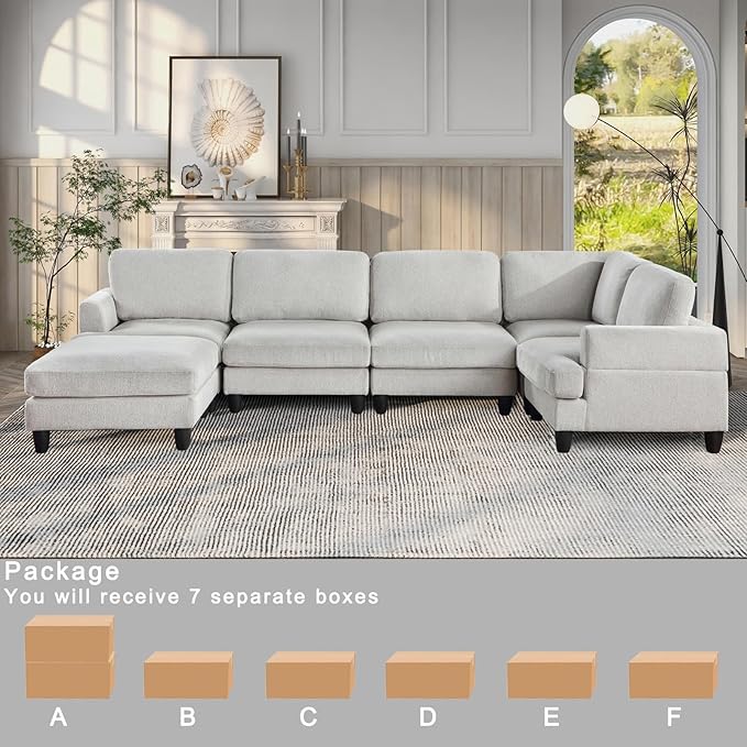 129.5" Modular Sectional Couch with Ottoman,6 Seat Chenille Corner Sofa with Seat Cushions Have a Built-in sSpring Pack,Multi-layered Plywood,for Living Room, Apartment, Bedroom, Office - LeafyLoom