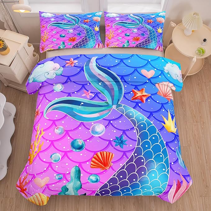 NINENINE Mermaid Tail Bedding Sets for Teens Girls,Purple Princess Comforter Sets Girls,Blue Glitter Bedding Sets,Sparkly Fish Scales Comforter Sets with 1 Comforter 2Pillowcases - LeafyLoom