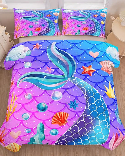 NINENINE Purple Mermaid Tail Comforter Sets for Girls,Twin Princess Bedding Sets for Teens Girls,Blue Glitter Comforter Sets,Sparkly Fish Scales Comforter Sets with 1 Comforter 1Pillowcase - LeafyLoom