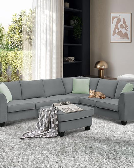 112" 7 Seats Sectional Solid Wood Sofa Sets with Ottoman,L Shape Upholstered Fabric Couch w/ 3 Pillows,for Living, Apartment,Huse or Conference Room,Grey - LeafyLoom
