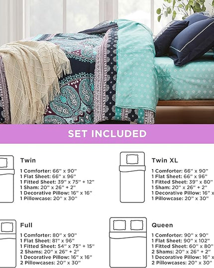 Degrees of Comfort Full Size Comforter Sets with Sheets, Blue Boho Mandala Teenage Girl Bedding, Bohemian Bed in A Bag, Microfiber Bed Set 8 Piece, Matching Decorative Pillow, Navy - LeafyLoom