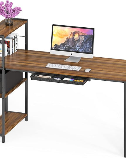 SHW 46-Inch Mission Desk with Side Shelf, 24" Deep, Walnut - LeafyLoom