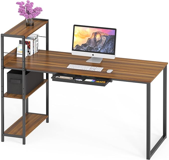 SHW 46-Inch Mission Desk with Side Shelf, 24" Deep, Walnut - LeafyLoom