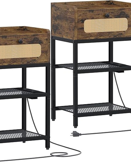 Night Stand set 2, Side Table with Rattan Drawer, Nightstand with Charging Station, Industrial Bedside Table with 3-Tier Storage, Rustic Brown JET003CSR2 - LeafyLoom
