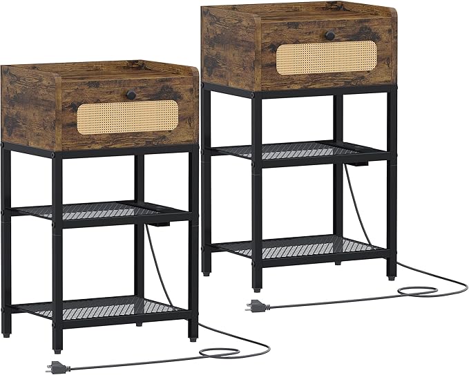 Night Stand set 2, Side Table with Rattan Drawer, Nightstand with Charging Station, Industrial Bedside Table with 3-Tier Storage, Rustic Brown JET003CSR2 - LeafyLoom