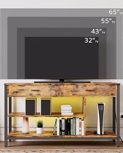 IRONCK TV Stand LED Lights, Entertainment Center with Power Outlet for 55 Inch TV, Industrial TV Console with Media Storage Shelf and 2 Large Drawers,for Bedroom/Living Room, Vintage Brown - LeafyLoom
