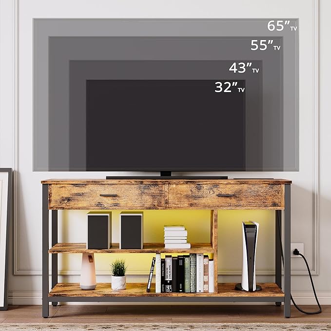 IRONCK TV Stand LED Lights, Entertainment Center with Power Outlet for 55 Inch TV, Industrial TV Console with Media Storage Shelf and 2 Large Drawers,for Bedroom/Living Room, Vintage Brown - LeafyLoom