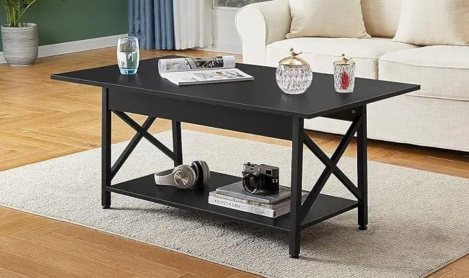 GreenForest Coffee Table with Storage, 39inch Modern Coffee Tables for Living Room, X-Frame Design Farmhouse Black Coffee Table Space Saving Living Room Tables, Easy Assembly, Black - LeafyLoom
