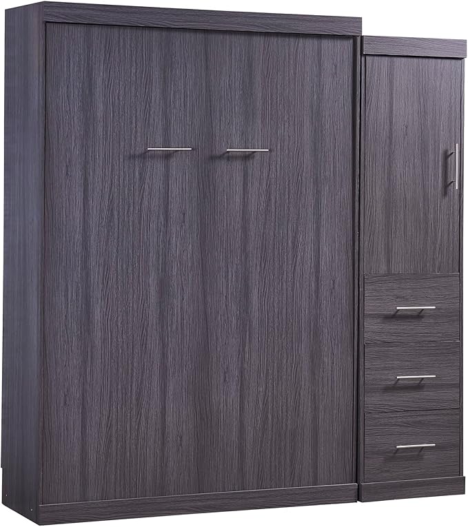 Full Size Murphy Bed, Multifunctional Storage Bed Wall Bed with 3 Drawers and Wardrobe, Can be Folded into a Cabinet, Ideal for Small Spaces Place, No Box Spring Needed, Gray - LeafyLoom