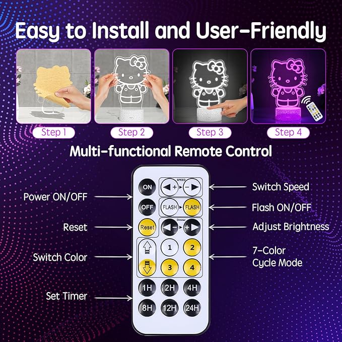 Kitty Night Light Room Decor Gift, Cute Birthday Gifts for Baby Girls Kids, Kitty LED Light for Bedroom Decorations, Kitty Lamp with Remote Control, Dimmer, Timer, RGB Light, 3D Cute Stickers - LeafyLoom