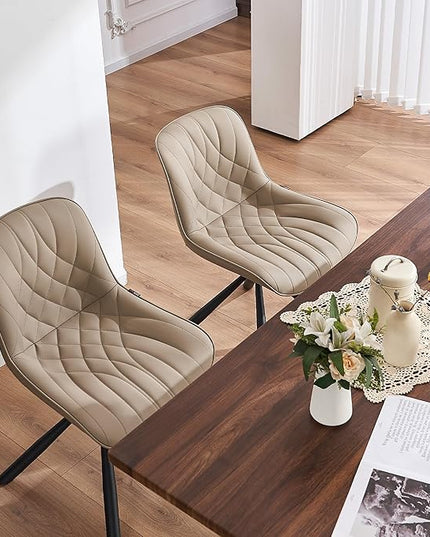 YOUNUOKE Upholstered Dining Chairs Set of 2 Comfortable Mid Century Modern Kitchen Chair with Sturdy Metal Legs Faux Leather Dinner Chairs for Kitchen Dining Room, Khaki - LeafyLoom