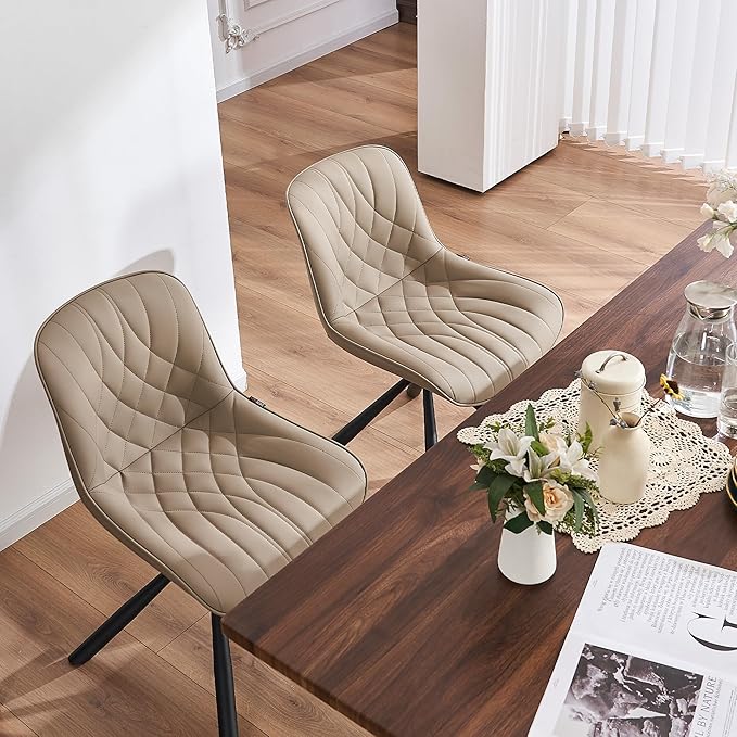 YOUNUOKE Upholstered Dining Chairs Set of 2 Comfortable Mid Century Modern Kitchen Chair with Sturdy Metal Legs Faux Leather Dinner Chairs for Kitchen Dining Room, Khaki - LeafyLoom