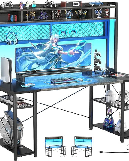 armocity 2024 Upgrade Gaming Desk with Hutch, 55.2'' Magic Computer Desk with LED and Outlets, Reversible Workstation Desk with Pegboard, Grey/Black - LeafyLoom