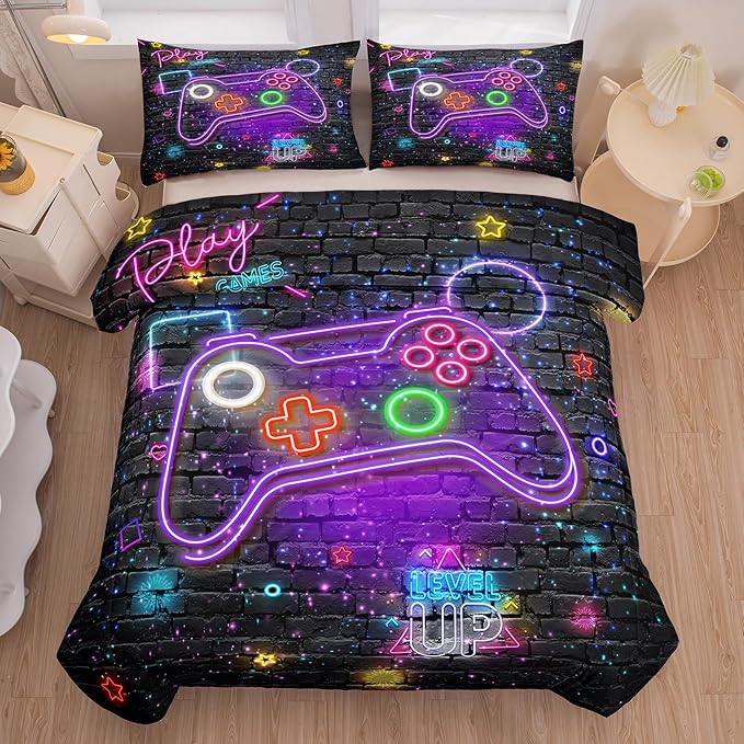 NINENINE Gaming Comforter Gamer Bedding Sets for Boys,6PCS Full Size Bedding Sets for Boys,Bed in A Bag Gamer Comforter Sets(1Comforter,1Flat Sheet,1Fitted Sheet,1Cushion Cover,2Pillowcases)… - LeafyLoom