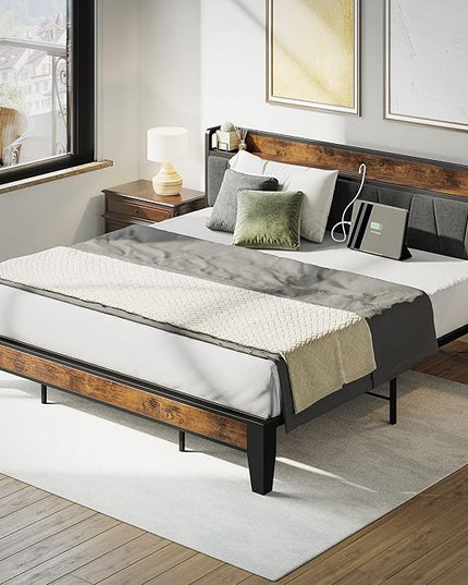LIKIMIO King Size Bed Frame, Storage Headboard with Charging Station, Solid and Stable, Noise Free, No Box Spring Needed, Easy Assembly - LeafyLoom