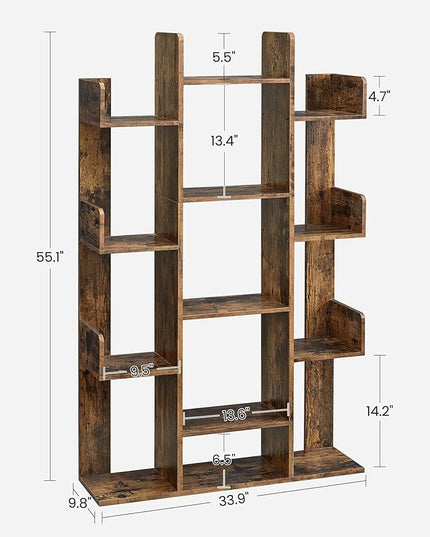 VASAGLE Bookshelf, Tree-Shaped Bookcase with 13 Storage Shelves, Rounded Corners, 9.8”D x 33.9”W x 55.1”H, Rustic Brown ULBC67BXV1 - LeafyLoom