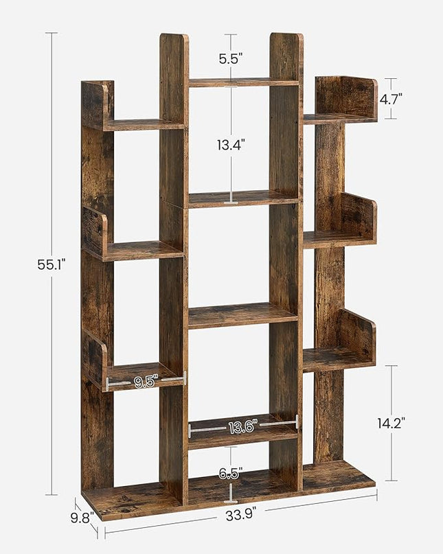 VASAGLE Bookshelf, Tree-Shaped Bookcase with 13 Storage Shelves, Rounded Corners, 9.8”D x 33.9”W x 55.1”H, Rustic Brown ULBC67BXV1 - LeafyLoom