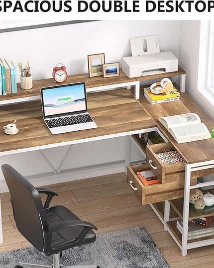 Reversible L-Shaped Computer Desk with hutch & Shelf,white - LeafyLoom