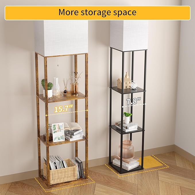 Dott Arts Floor Lamp with Shelves, Wide Floor Lamps for Living Room Display Shelf Lamps with 3 Color LED Bulb,Storage Wood Modern Floor Lamp for Bedroom Standing Lamp for Living Room Office（Brown） - LeafyLoom