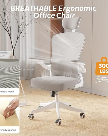 Ergonomic Office Chair Home Desk Office Chair with Flip-Armrest & Cushion for Lumbar Support, high Back Computer Chair with Thickened Cushion Desk Chairs Gray - LeafyLoom