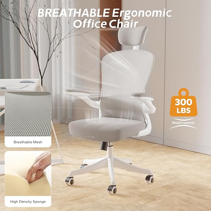 Ergonomic Office Chair Home Desk Office Chair with Flip-Armrest & Cushion for Lumbar Support, high Back Computer Chair with Thickened Cushion Desk Chairs Gray - LeafyLoom