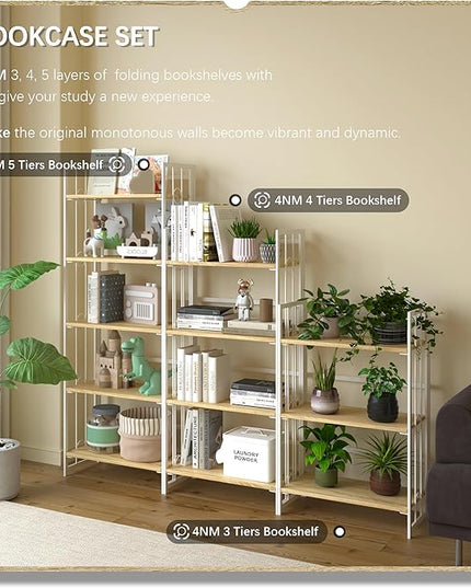 4NM No-Assembly 5 Tiers Folding Bookshelf Storage Shelves Vintage Bookcase Standing Racks Study Organizer Home Office - Natural and White - LeafyLoom