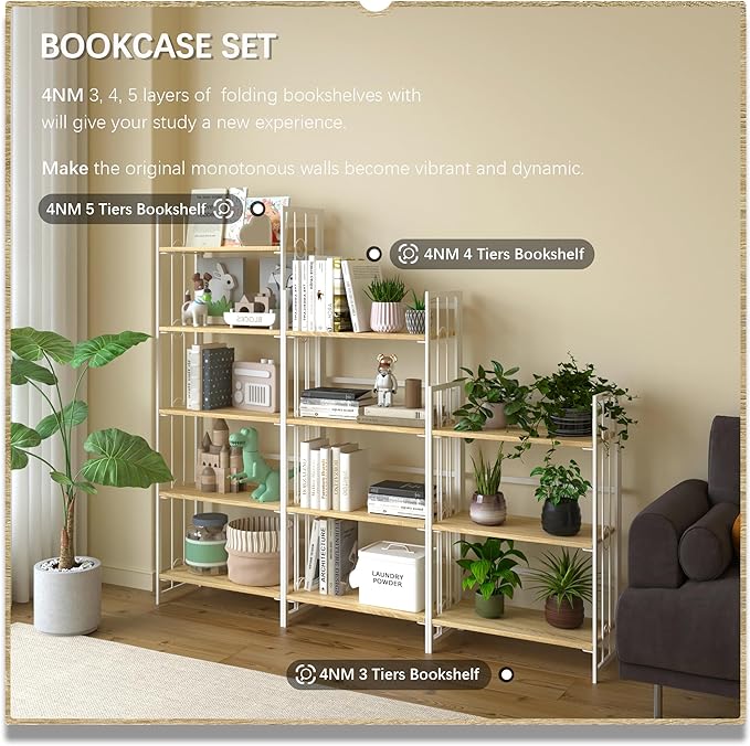 4NM No-Assembly 5 Tiers Folding Bookshelf Storage Shelves Vintage Bookcase Standing Racks Study Organizer Home Office - Natural and White - LeafyLoom