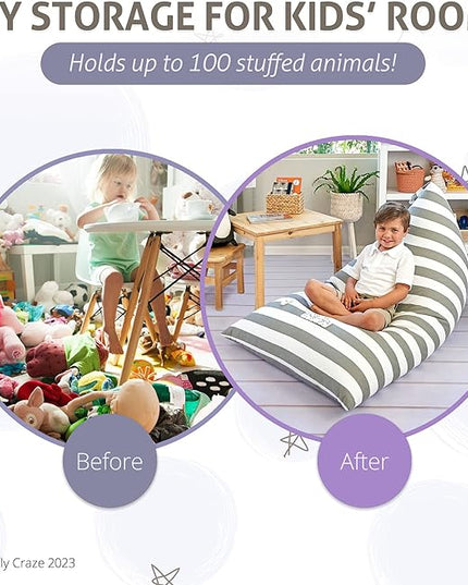 Butterfly Craze Bean Bag Chair Cover, Functional Toddler Toy Organizer, Fill with Stuffed Animals to Create a Jumbo, Comfy Floor Lounger for Boys or Girls, Stuffing Not Included, Grey Stripe - LeafyLoom